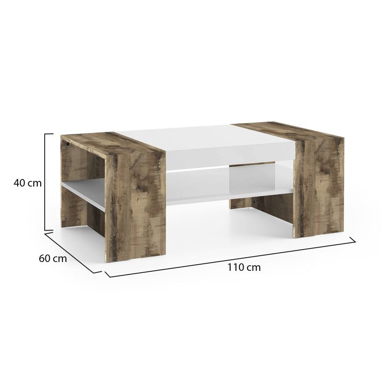 Tavolino da salotto Jonni, Tavolo basso da caffè, Mobiletto portariviste, 100% Made in Italy, cm 110x60h40, Bianco lucido e Acero