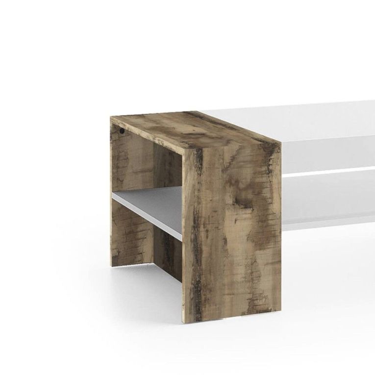 Tavolino da salotto Jonni, Tavolo basso da caffè, Mobiletto portariviste, 100% Made in Italy, cm 110x60h40, Bianco lucido e Acero