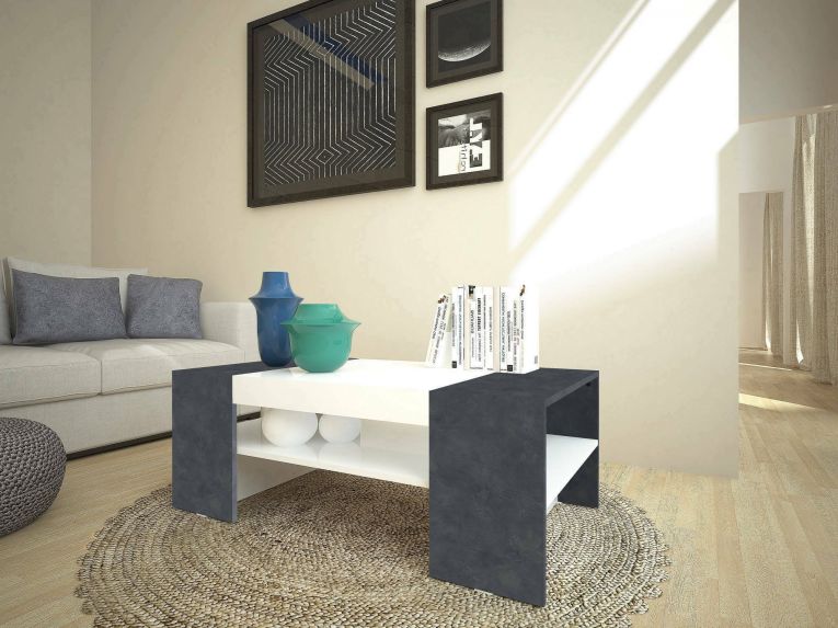 Tavolino da salotto Jonni, Tavolo basso da caffè, Mobiletto portariviste, 100% Made in Italy, cm 110x60h40, Bianco lucido e Ardesia