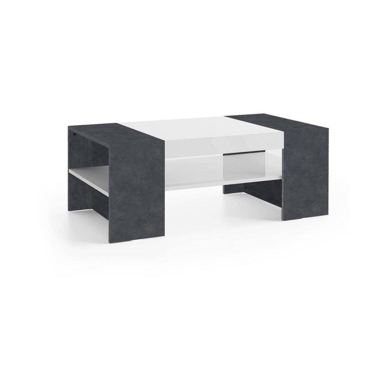 Tavolino da salotto Jonni, Tavolo basso da caffè, Mobiletto portariviste, 100% Made in Italy, cm 110x60h40, Bianco lucido e Ardesia