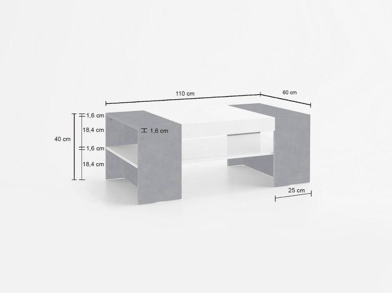 Tavolino da salotto Jonni, Tavolo basso da caffè, Mobiletto portariviste, 100% Made in Italy, cm 110x60h40, Bianco lucido e Ardesia