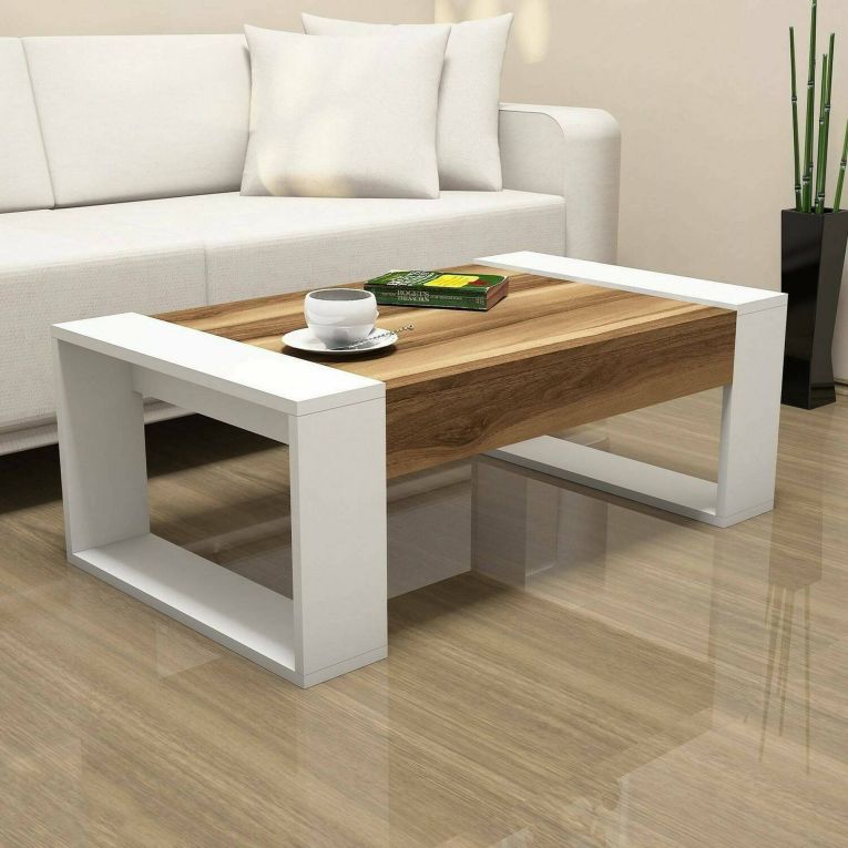 Tavolino da salotto Kekouan, Tavolo basso da soggiorno, Ripiano da caffè, Tavolino per divano, 102x60h38 cm, Noce e Bianco