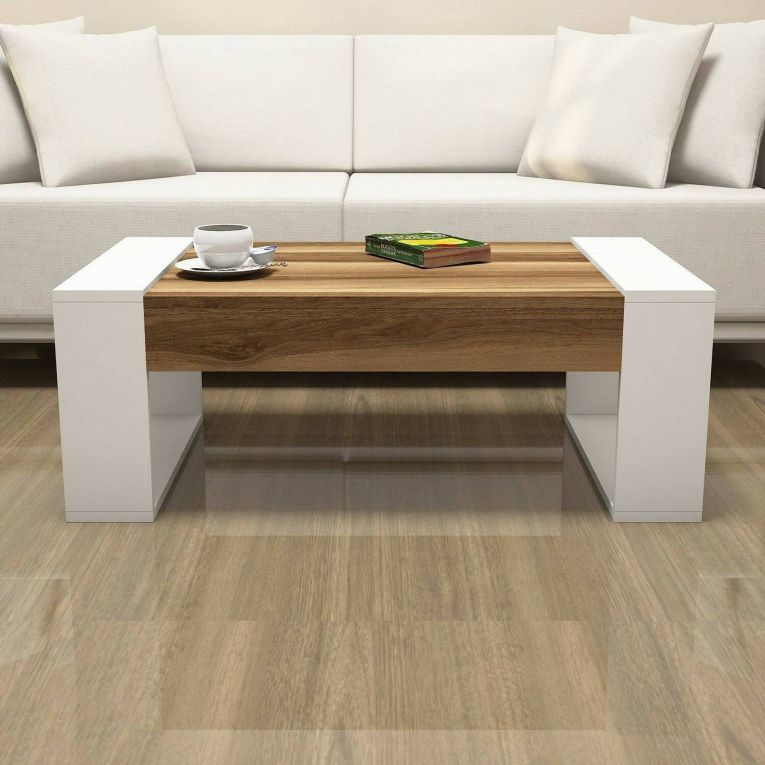 Tavolino da salotto Kekouan, Tavolo basso da soggiorno, Ripiano da caffè, Tavolino per divano, 102x60h38 cm, Noce e Bianco