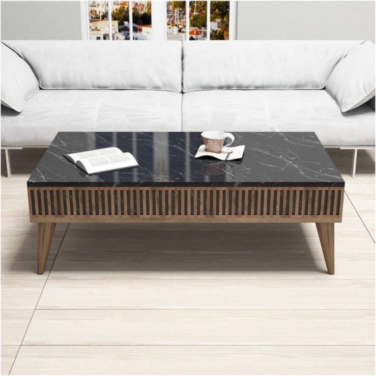 Tavolino da salotto Kepler, Tavolo basso da caffè, Portariviste per divano, Ripiano da soggiorno, 105x60 h35 cm, Noce e Nero