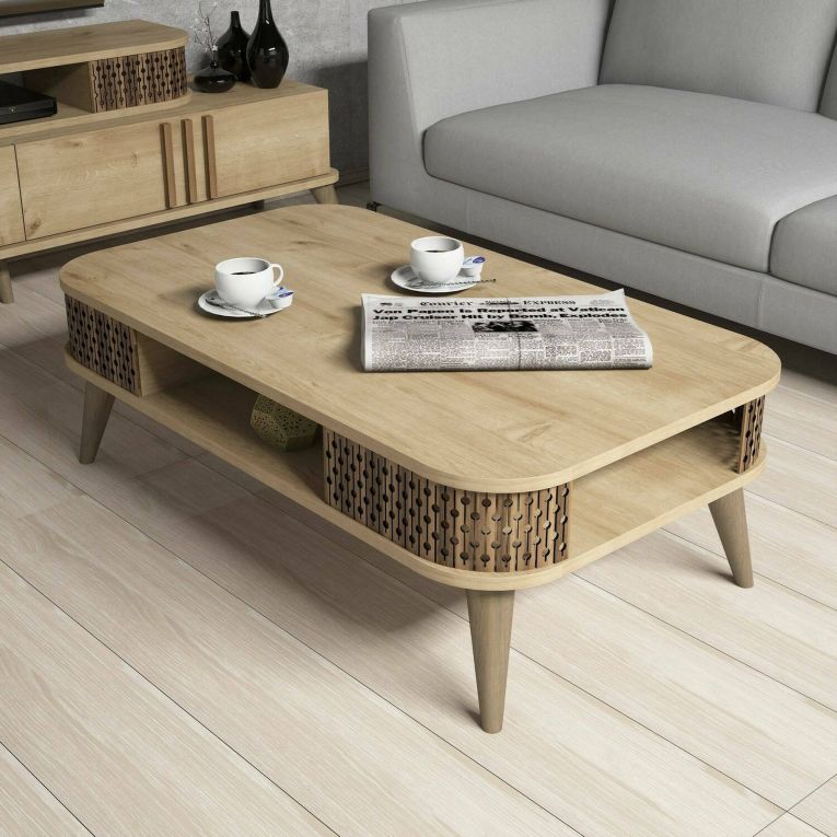 Tavolino da salotto Kocab, Tavolo basso da soggiorno, Ripiano da caffè, Tavolino per divano, 105x60h35 cm, Quercia