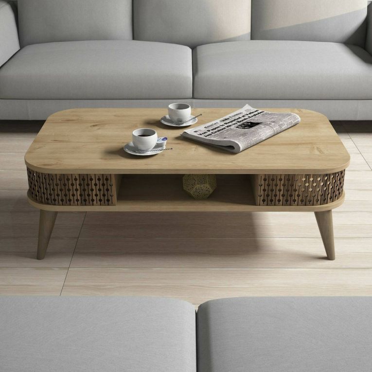 Tavolino da salotto Kocab, Tavolo basso da soggiorno, Ripiano da caffè, Tavolino per divano, 105x60h35 cm, Quercia