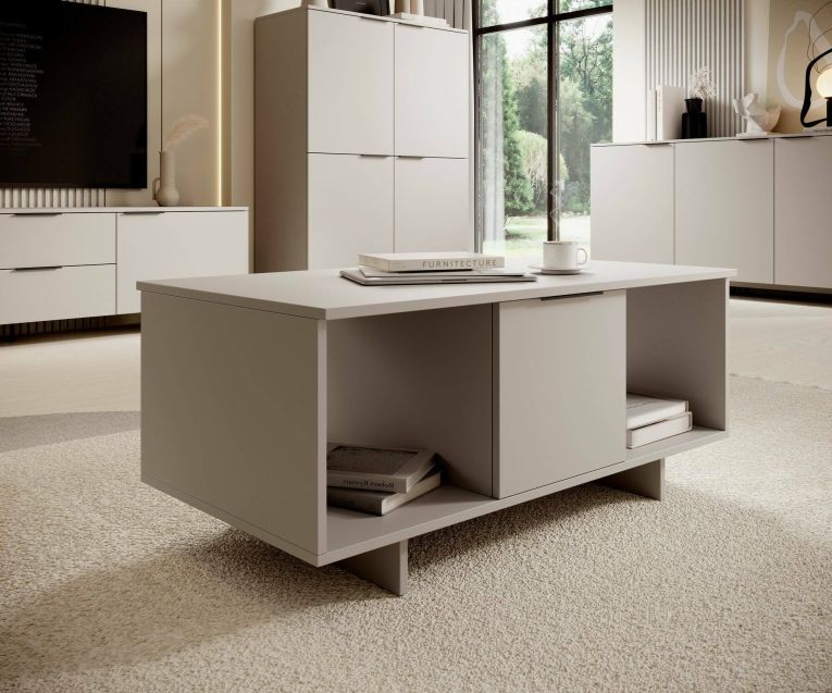 Tavolino da salotto Leiria, Con ante e vani contenitore, Rialzato da terra, 100x55 h55 cm, Beige