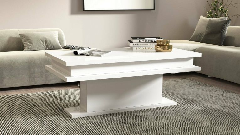 Tavolino da salotto Leon, Tavolo basso da caffè, Mobiletto portariviste, 100% Made in Italy, cm 100x55h42, Bianco lucido