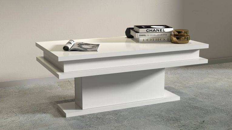 Tavolino da salotto Leon, Tavolo basso da caffè, Mobiletto portariviste, 100% Made in Italy, cm 100x55h42, Bianco lucido