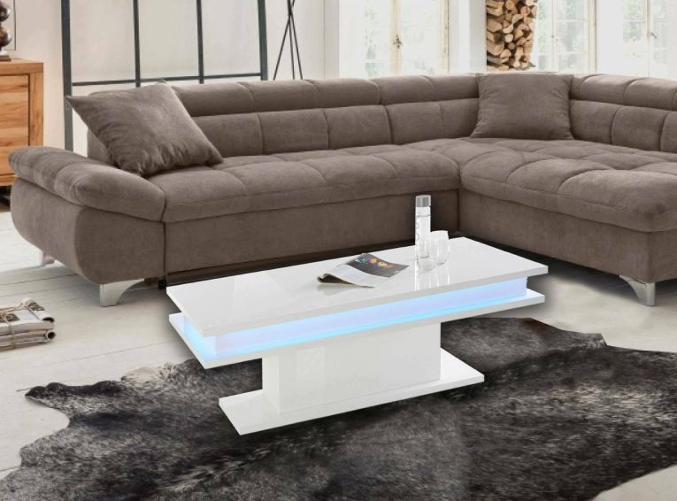 Tavolino da salotto Leon, Tavolo basso da caffè, Mobiletto portariviste, 100% Made in Italy, cm 100x55h42, Bianco lucido con luce LED