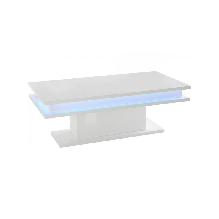 Tavolino da salotto Leon, Tavolo basso da caffè, Mobiletto portariviste, 100% Made in Italy, cm 100x55h42, Bianco lucido con luce LED