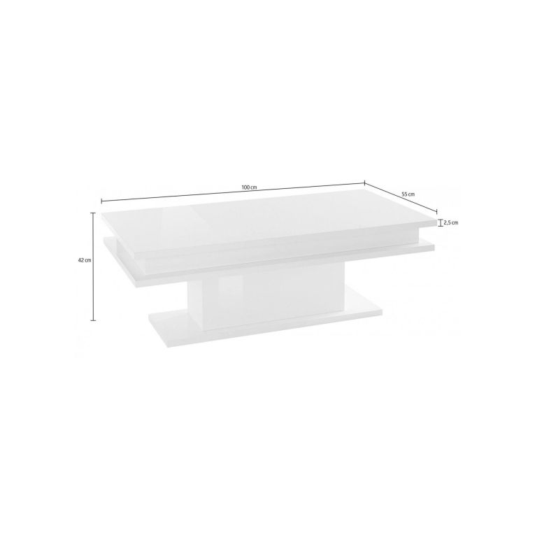 Tavolino da salotto Leon, Tavolo basso da caffè, Mobiletto portariviste, 100% Made in Italy, cm 100x55h42, Bianco lucido con luce LED