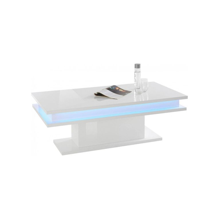 Tavolino da salotto Leon, Tavolo basso da caffè, Mobiletto portariviste, 100% Made in Italy, cm 100x55h42, Bianco lucido con luce LED