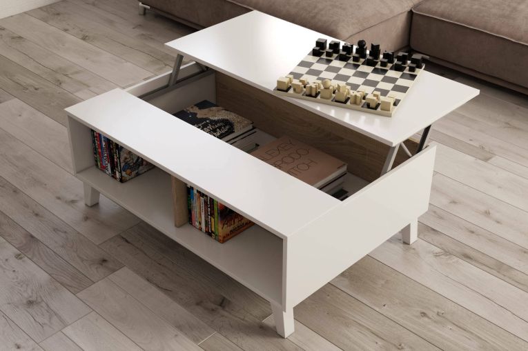 Tavolino da salotto Lincoln, Tavolino da caffè con piano elevabile, Tavolo basso da soggiorno, 100x68h38 cm, Bianco lucido e Rovere