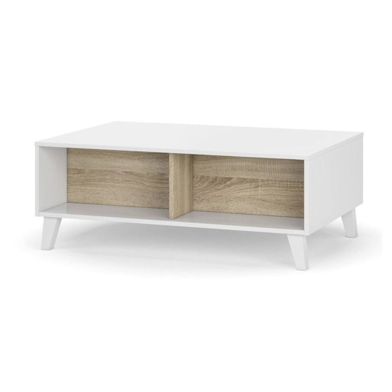 Tavolino da salotto Lincoln, Tavolino da caffè con piano elevabile, Tavolo basso da soggiorno, 100x68h38 cm, Bianco lucido e Rovere