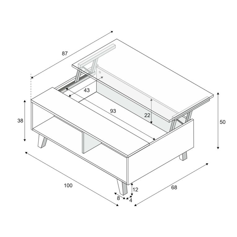 Tavolino da salotto Lincoln, Tavolino da caffè con piano elevabile, Tavolo basso da soggiorno, 100x68h38 cm, Bianco lucido e Rovere