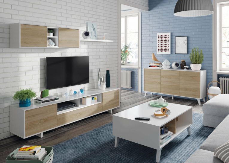 Tavolino da salotto Lincoln, Tavolino da caffè con piano elevabile, Tavolo basso da soggiorno, 100x68h38 cm, Bianco lucido e Rovere