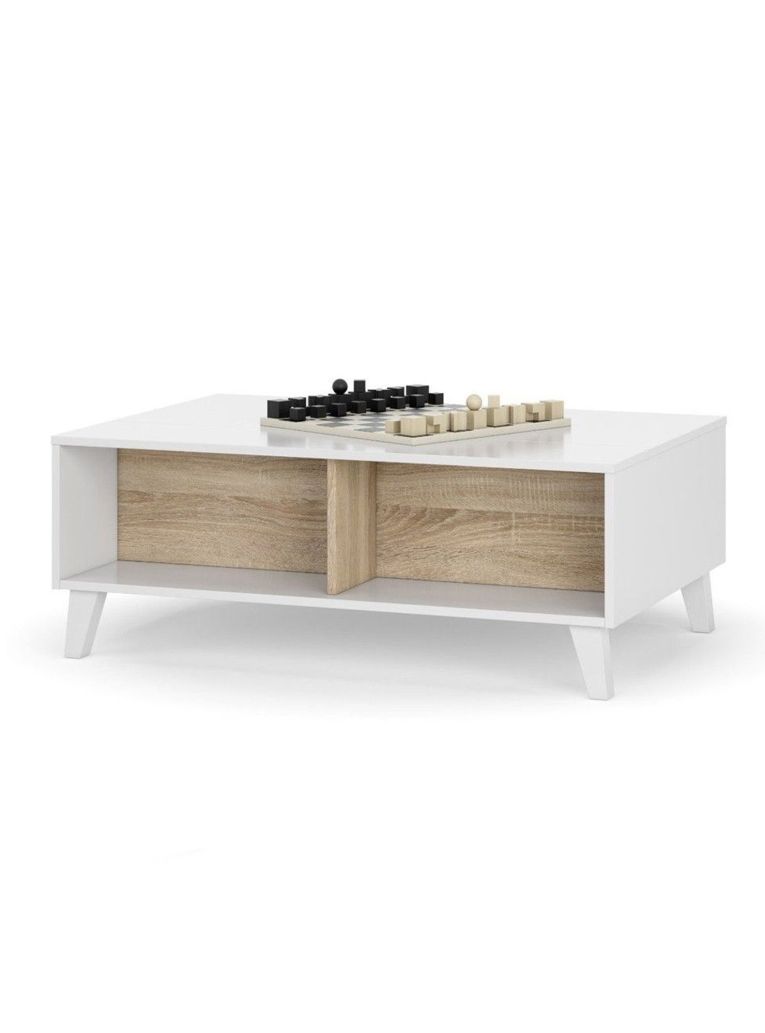 Tavolino da salotto Lincoln, Tavolino da caffè con piano elevabile, Tavolo basso da soggiorno, 100x68h38 cm, Bianco lucido e Rovere