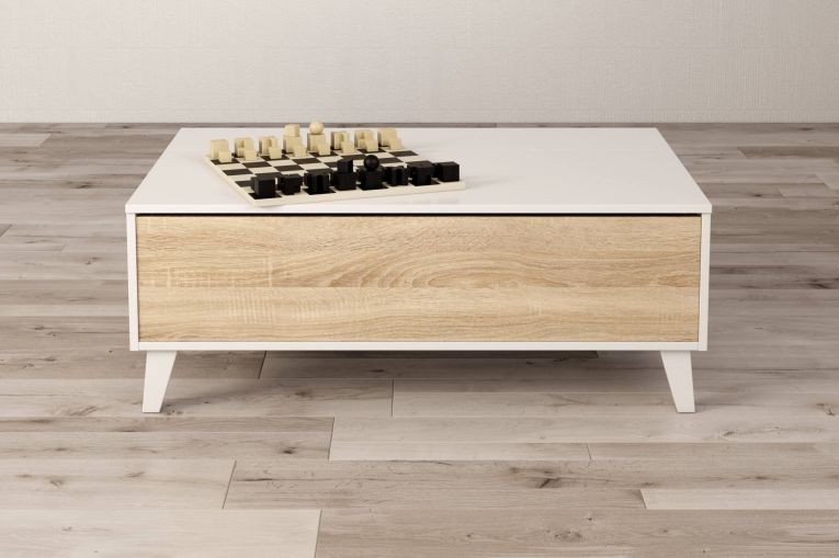 Tavolino da salotto Lincoln, Tavolino da caffè con piano elevabile, Tavolo basso da soggiorno, 100x68h38 cm, Bianco lucido e Rovere