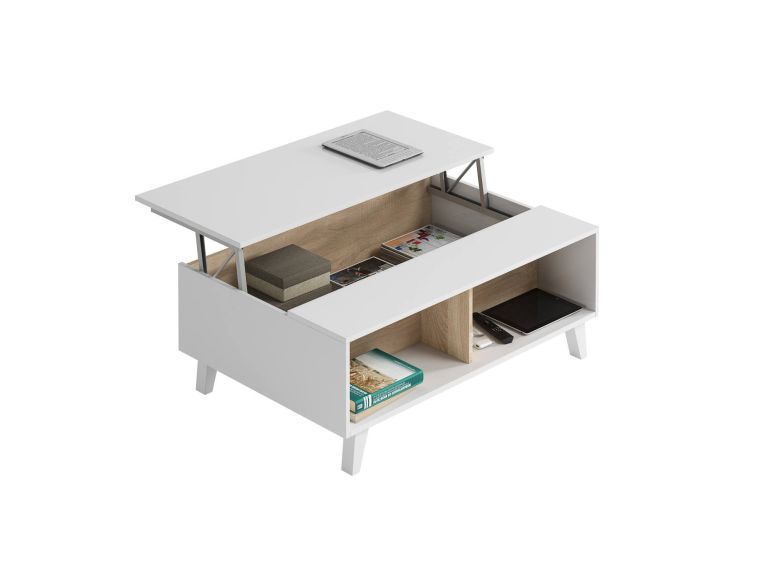 Tavolino da salotto Lincoln, Tavolino da caffè con piano elevabile, Tavolo basso da soggiorno, 100x68h38 cm, Bianco lucido e Rovere