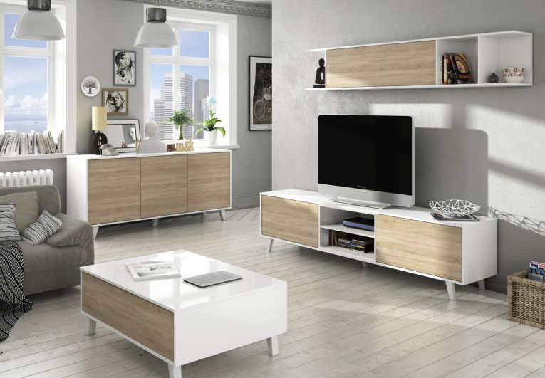 Tavolino da salotto Lincoln, Tavolino da caffè con piano elevabile, Tavolo basso da soggiorno, 100x68h38 cm, Bianco lucido e Rovere