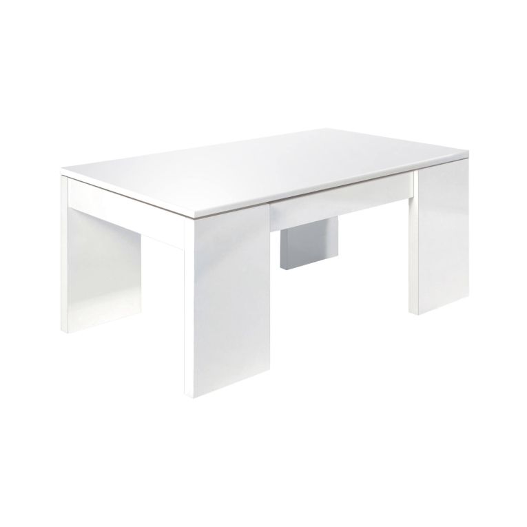 Tavolino da salotto Malibu, Tavolino da caffè con piano elevabile, Tavolo basso da soggiorno, 100x50h43-84 cm, Bianco lucido
