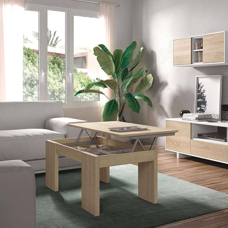Tavolino da salotto Malibu, Tavolino da caffè con piano elevabile, Tavolo basso da soggiorno, 100x50h43-84 cm, Rovere