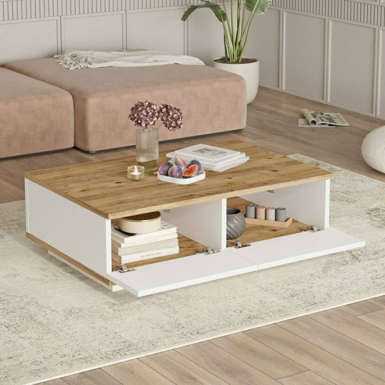 Tavolino da salotto Marfik, Tavolo basso da soggiorno, Ripiano da caffè, Tavolino per divano, 90x60h29 cm, Quercia e Bianco