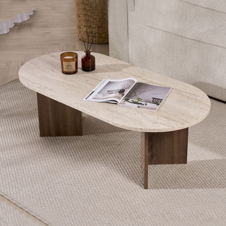 Tavolino da Salotto Marrone Noce Beige Marmo Forma Ovale Materiale Piano in Legno Nobilitato 119x60x40h cm, Colore Ripiano Beige - Elain
