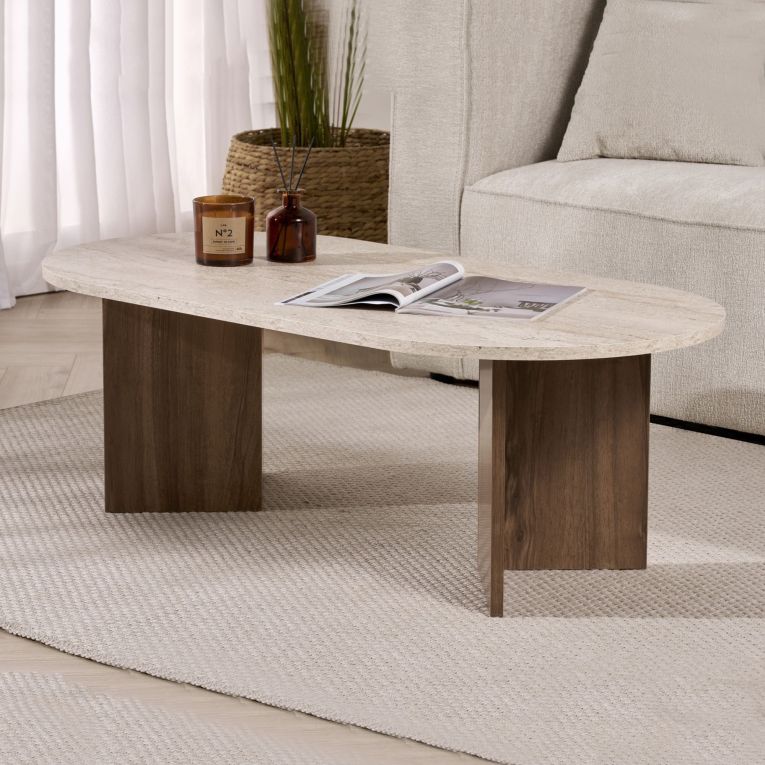 Tavolino da Salotto Marrone Noce Beige Marmo Forma Ovale Materiale Piano in Legno Nobilitato 119x60x40h cm, Colore Ripiano Beige - Elain