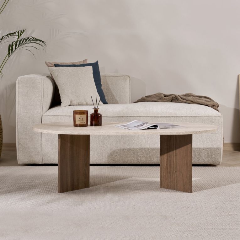 Tavolino da Salotto Marrone Noce Beige Marmo Forma Ovale Materiale Piano in Legno Nobilitato 119x60x40h cm, Colore Ripiano Beige - Elain