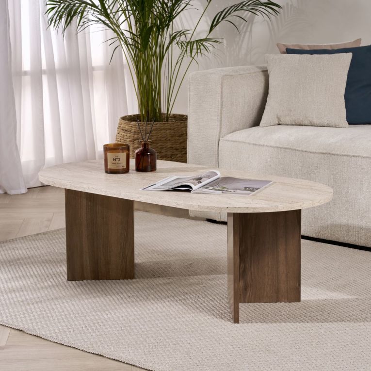 Tavolino da Salotto Marrone Noce Beige Marmo Forma Ovale Materiale Piano in Legno Nobilitato 119x60x40h cm, Colore Ripiano Beige - Elain