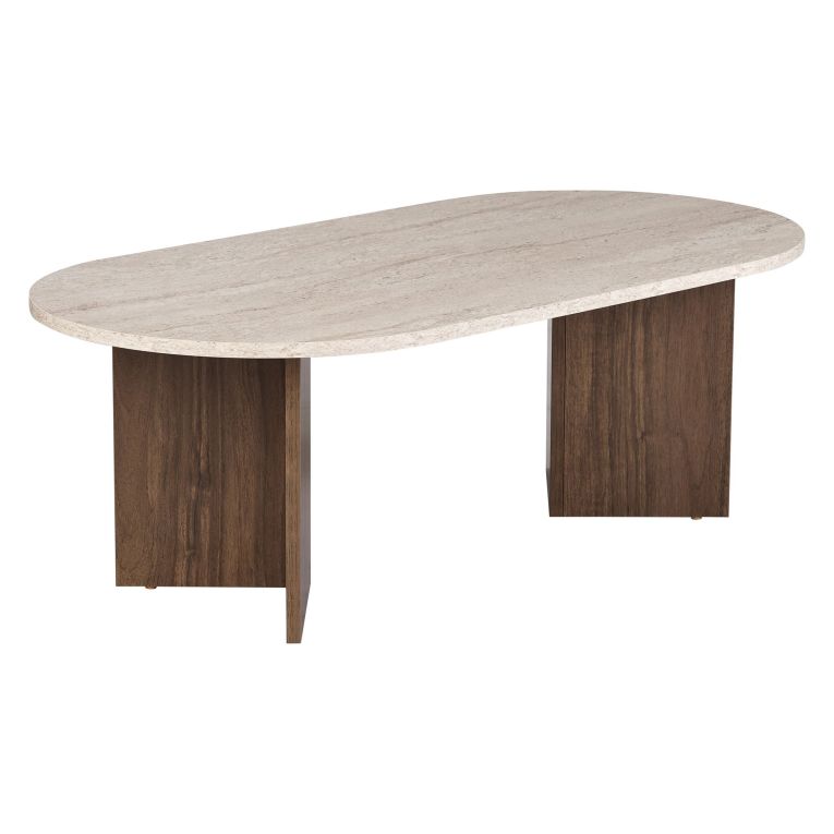 Tavolino da Salotto Marrone Noce Beige Marmo Forma Ovale Materiale Piano in Legno Nobilitato 119x60x40h cm, Colore Ripiano Beige - Elain