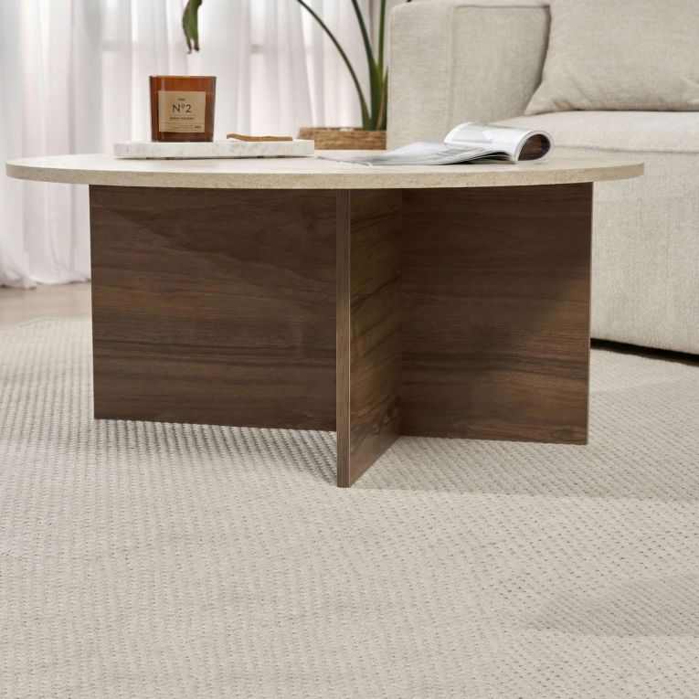 Tavolino da Salotto Marrone Noce Beige Marmo Forma Ovale Materiale Piano in Legno Nobilitato 90x90x40h cm, Colore Ripiano Beige - Simbario