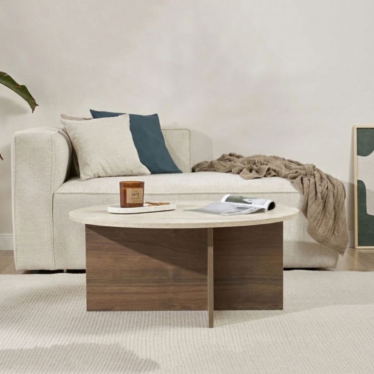 Tavolino da Salotto Marrone Noce Beige Marmo Forma Ovale Materiale Piano in Legno Nobilitato 90x90x40h cm, Colore Ripiano Beige - Simbario