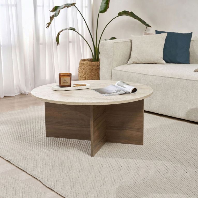 Tavolino da Salotto Marrone Noce Beige Marmo Forma Ovale Materiale Piano in Legno Nobilitato 90x90x40h cm, Colore Ripiano Beige - Simbario