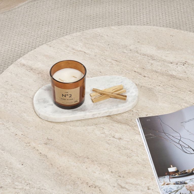 Tavolino da Salotto Marrone Noce Beige Marmo Forma Ovale Materiale Piano in Legno Nobilitato 90x90x40h cm, Colore Ripiano Beige - Simbario