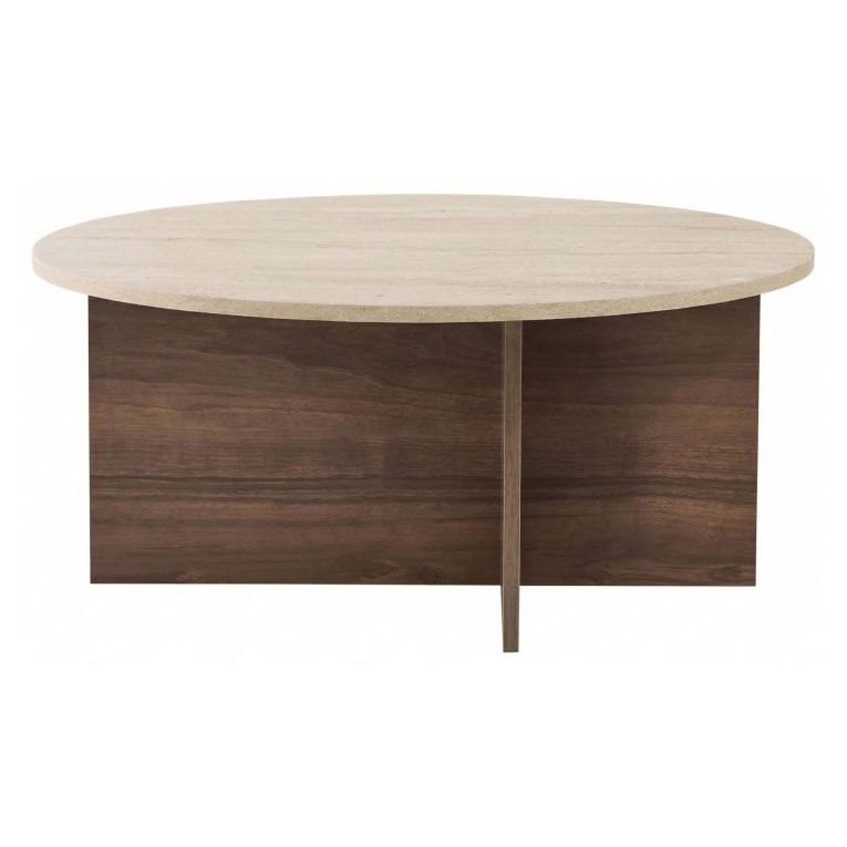 Tavolino da Salotto Marrone Noce Beige Marmo Forma Ovale Materiale Piano in Legno Nobilitato 90x90x40h cm, Colore Ripiano Beige - Simbario
