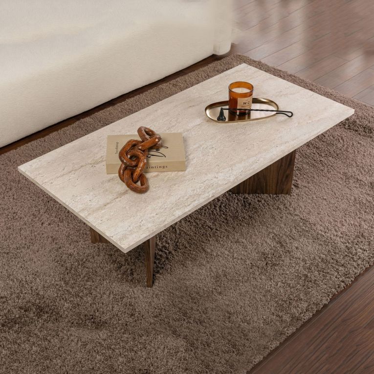 Tavolino da Salotto Marrone Noce Beige Marmo Forma Rettangolare Materiale Piano in Legno Nobilitato 119x60x40h cm, Colore Ripiano Beige - Turate