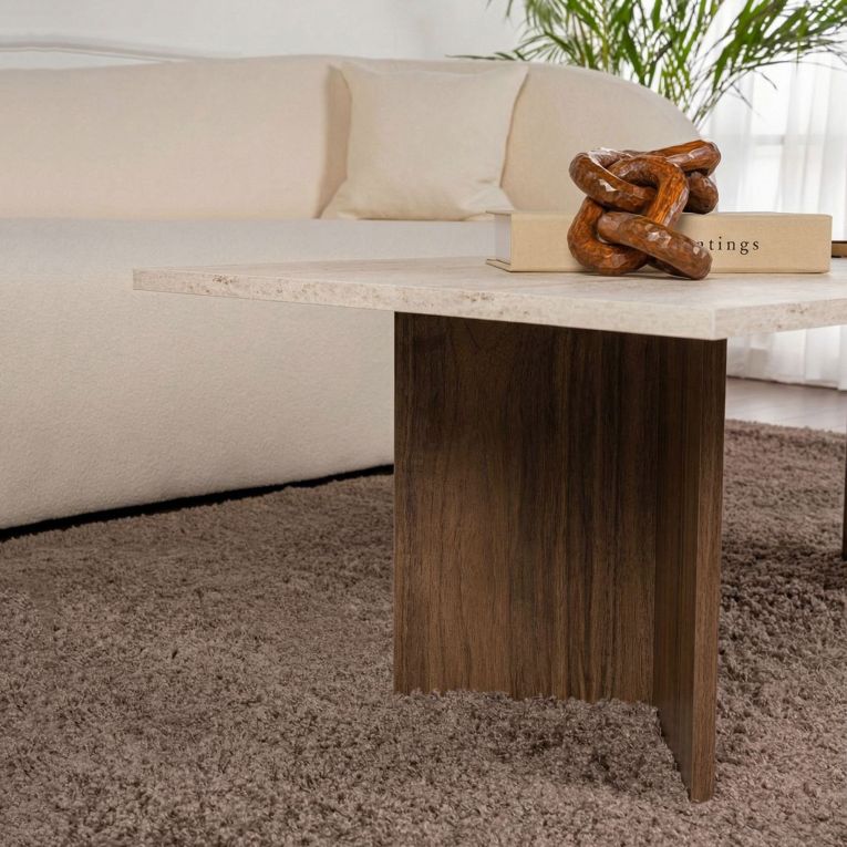 Tavolino da Salotto Marrone Noce Beige Marmo Forma Rettangolare Materiale Piano in Legno Nobilitato 119x60x40h cm, Colore Ripiano Beige - Turate