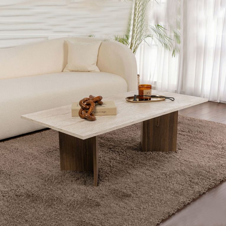 Tavolino da Salotto Marrone Noce Beige Marmo Forma Rettangolare Materiale Piano in Legno Nobilitato 119x60x40h cm, Colore Ripiano Beige - Turate