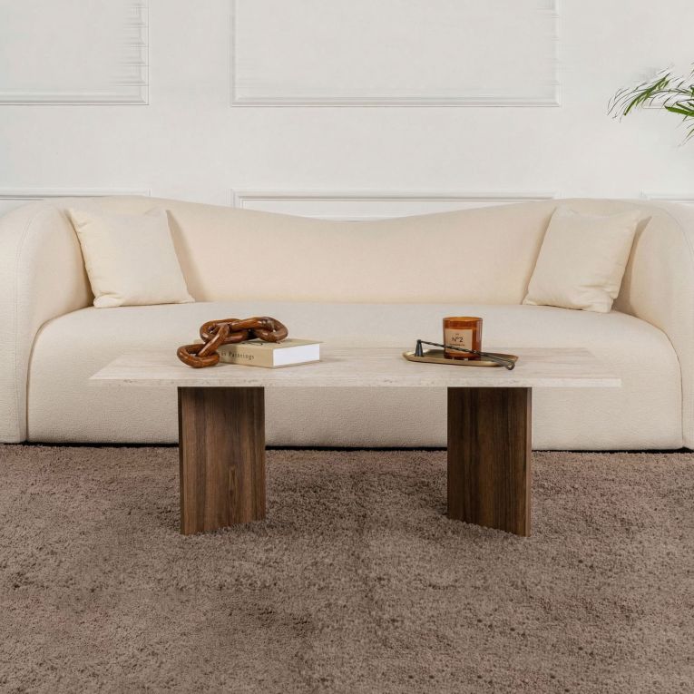 Tavolino da Salotto Marrone Noce Beige Marmo Forma Rettangolare Materiale Piano in Legno Nobilitato 119x60x40h cm, Colore Ripiano Beige - Turate