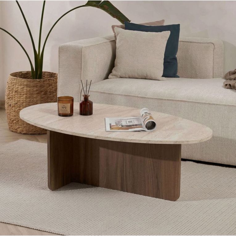 Tavolino da Salotto Marrone Noce Beige Marmo Forma Rettangolare Materiale Piano in Legno Nobilitato 120x65x40h cm, Colore Ripiano Beige - Parona