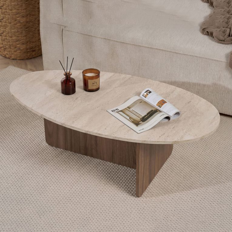 Tavolino da Salotto Marrone Noce Beige Marmo Forma Rettangolare Materiale Piano in Legno Nobilitato 120x65x40h cm, Colore Ripiano Beige - Parona