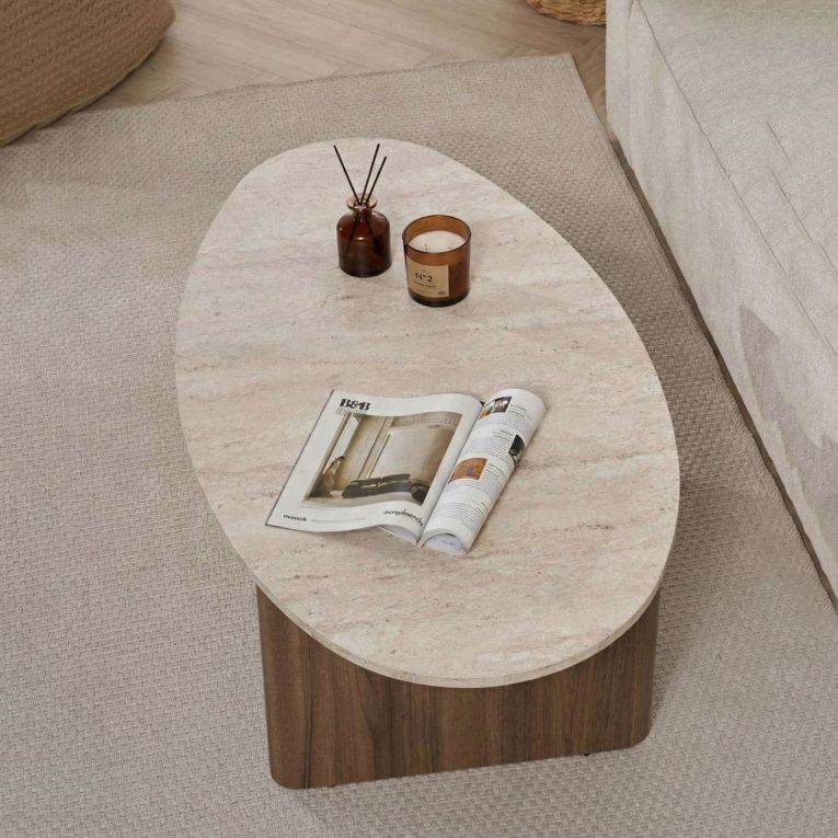 Tavolino da Salotto Marrone Noce Beige Marmo Forma Rettangolare Materiale Piano in Legno Nobilitato 120x65x40h cm, Colore Ripiano Beige - Parona