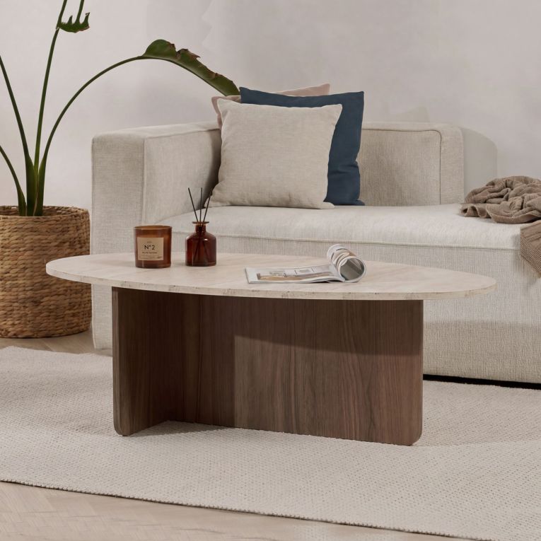Tavolino da Salotto Marrone Noce Beige Marmo Forma Rettangolare Materiale Piano in Legno Nobilitato 120x65x40h cm, Colore Ripiano Beige - Parona