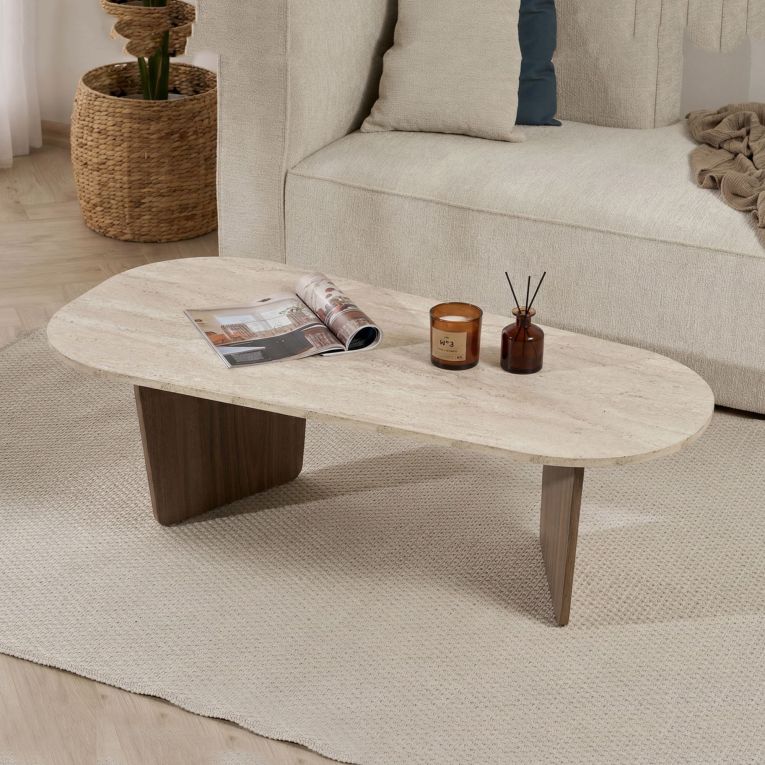 Tavolino da Salotto Marrone Noce Beige Marmo Forma Rettangolare Materiale Piano in Legno Nobilitato 130x65x40h cm, Colore Ripiano Beige - Dozza