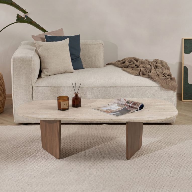 Tavolino da Salotto Marrone Noce Beige Marmo Forma Rettangolare Materiale Piano in Legno Nobilitato 130x65x40h cm, Colore Ripiano Beige - Dozza