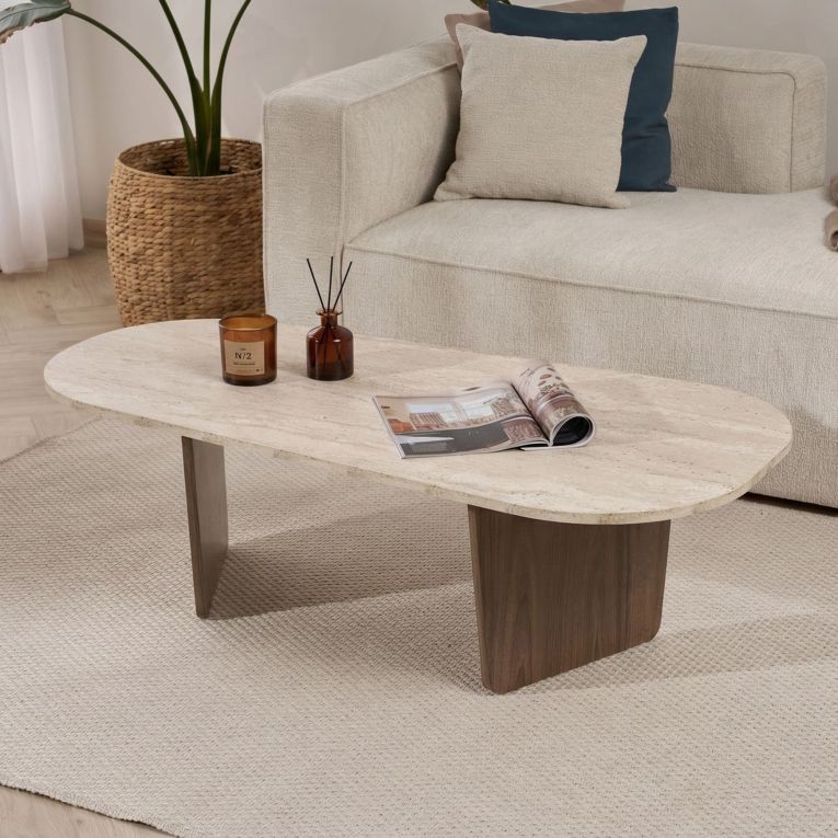 Tavolino da Salotto Marrone Noce Beige Marmo Forma Rettangolare Materiale Piano in Legno Nobilitato 130x65x40h cm, Colore Ripiano Beige - Dozza