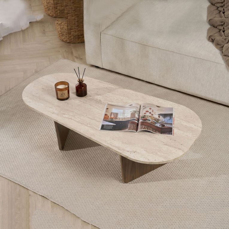 Tavolino da Salotto Marrone Noce Beige Marmo Forma Rettangolare Materiale Piano in Legno Nobilitato 130x65x40h cm, Colore Ripiano Beige - Dozza